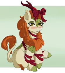 Size: 1428x1600 | Tagged: safe, artist:nathayro37, derpibooru import, autumn blaze, kirin, awwtumn blaze, blushing, bow, christmas, cute, female, holiday, lidded eyes, looking at you, mare, present, quadrupedal, ribbon, simple background, sitting, smiling, solo