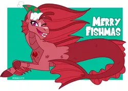 Size: 2000x1423 | Tagged: artist:wubcakeva, christmas, cloven hooves, derpibooru import, fangs, female, fins, fish tail, gem, hat, holiday, looking at you, oc, oc:mezma, one eye closed, open mouth, prone, pun, safe, santa hat, scales, siren, siren gem, slit eyes, smiling, solo, unofficial characters only, wink