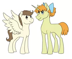 Size: 3300x2717 | Tagged: safe, artist:phobicalbino, derpibooru import, pound cake, pumpkin cake, pegasus, unicorn, bow, brother and sister, colt, duo, female, filly, foal, hair bow, male, older, older pound cake, older pumpkin cake, siblings, simple background, white background