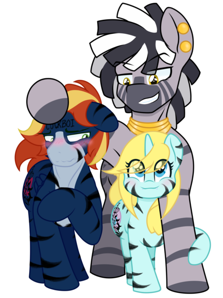 Size: 1536x2048 | Tagged: suggestive, artist:lefthighkick, derpibooru import, oc, oc:ezekiel, oc:lefthighkick, oc:lyrical touch, unofficial characters only, pony, zebra, derpibooru community collaboration, armpits, body painting, body writing, cuckold, cuckolding, female, filly, gay, image, lyrikick, male, png, queen of stripes tattoo, simple background, striped, stripes, transparent background, zebradom