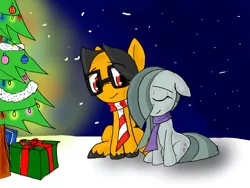 Size: 2048x1536 | Tagged: safe, artist:a.s.e, derpibooru import, marble pie, oc, oc:a.s.e, canon x oc, christmas, christmas tree, clothes, couple, female, gift wrapped, happy, holiday, male, night, present, scarf, scarves, smiling, snow, tree