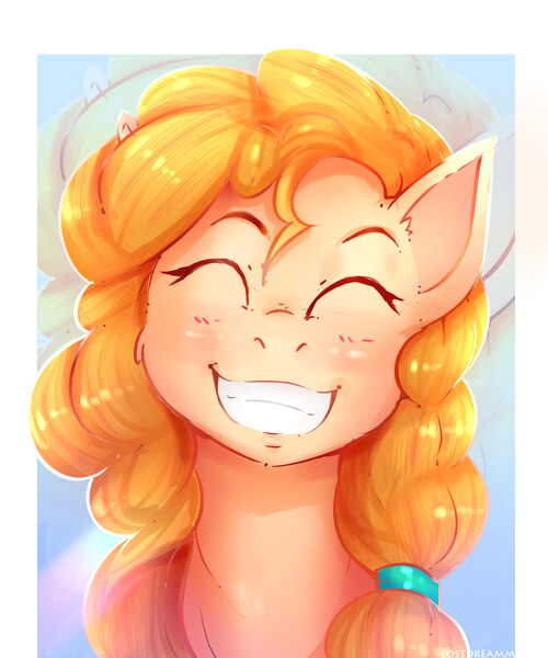 Size: 1250x1500 | Tagged: safe, artist:lostdreamm, derpibooru import, pear butter, earth pony, cute, eyes closed, grin, pearabetes, smiling, solo, teeth