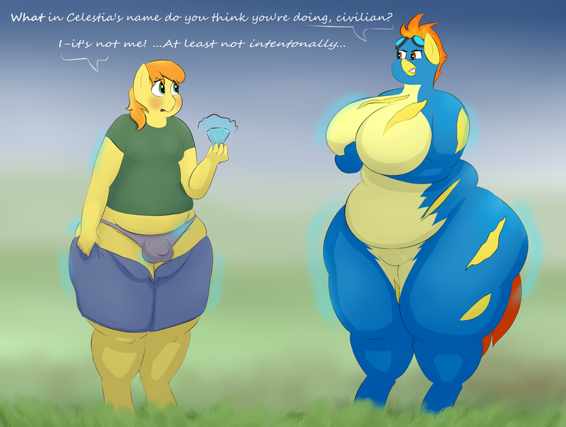 Size: 3312x2500 | Tagged: angry, anthro, artist:lupin quill, balls, bbw, belly, bhm, big breasts, blushing, braeblob, braeburn, breasts, busty spitfire, chubby, chubby cheeks, clothes, curse, curvy, derpibooru import, dialogue, diamond, exhibitionism, expansion, fat, fat fetish, femboy, fetish, fupa, grass, hourglass figure, huge breasts, magic, male, moobs, nudity, obese, open mouth, outdoors, panties, partial nudity, public nudity, questionable, rolls of fat, shorts, spitfatty, spitfire, thighs, thunder thighs, top, underwear, unguligrade anthro, uniform, wardrobe malfunction, weight gain, wide hips, wonderbolts uniform