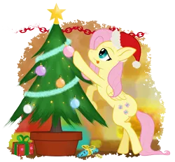 Size: 1649x1528 | Tagged: safe, artist:underwoodart, derpibooru import, fluttershy, pegasus, pony, :p, christmas, christmas decoration, christmas ornament, christmas tree, decorating, folded wings, hat, hearth's warming, holiday, present, profile, santa hat, simple background, solo, tongue out, transparent background, tree, wings