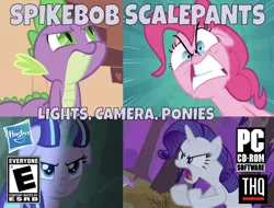 Size: 637x484 | Tagged: safe, derpibooru import, edit, edited screencap, editor:undeadponysoldier, screencap, pinkie pie, rarity, spike, starlight glimmer, dragon, earth pony, pony, unicorn, series:spikebob scalepants, dragon quest, owl's well that ends well, pinkie pride, the cutie map, angry, box art, cd-rom, evil, faic, female, lights camera pants, male, mare, one of these things is not like the others, parody, pc, pc logo, s5 starlight, spongebob squarepants, thq, thq logo, video game