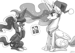 Size: 1400x1001 | Tagged: safe, artist:johnjoseco, derpibooru import, princess celestia, princess luna, alicorn, ask gaming princess luna, gamer luna, christmas, gift giving, glowing horn, hat, holiday, horn, levitation, magic, monochrome, open mouth, present, royal sisters, santa hat, simple background, telekinesis, white background