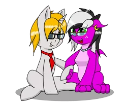 Size: 2024x1678 | Tagged: safe, artist:dianetgx, derpibooru import, oc, oc:axle bright, oc:diane tgx, dragon, pony, unicorn, 2020 community collab, derpibooru community collaboration, dragoness, ear piercing, earring, fangs, female, glasses, jewelry, necklace, pearl necklace, piercing, simple background, smiley face, transparent background