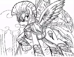 Size: 1018x784 | Tagged: safe, artist:petanoprime, derpibooru import, rainbow dash, pegasus, pony, armor, female, flag, mare, monochrome, raised hoof, solo, traditional art