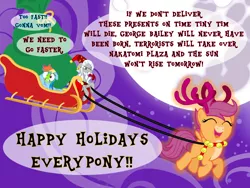 Size: 1024x768 | Tagged: safe, artist:bronybyexception, derpibooru import, rainbow dash, scootaloo, star swirl the bearded, deer, pegasus, pony, reindeer, unicorn, a christmas carol, advent calendar, antlers, christmas, clothes, costume, cute, cutealoo, deerified, die hard, discworld, dizzy, happy holidays, hogfather, holiday, imminent vomiting, it's a wonderful life, mare in the moon, markings, moon, motion sickness, movie reference, night, pale belly, reindeer antlers, santa costume, santa hooves, santa sack, scootadeer, scootaloo can fly, sick, sleigh, species swap