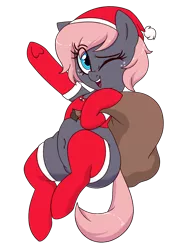 Size: 1500x2100 | Tagged: safe, artist:notenoughapples, derpibooru import, oc, oc:vedalia rose, earth pony, pony, christmas, clothes, hat, holiday, leggings, one eye closed, santa hat, simple background, smiling, socks, solo, stockings, thigh highs, transparent background, underhoof, wink