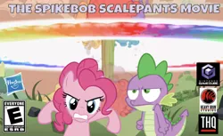 Size: 642x392 | Tagged: safe, artist:dipi11, artist:nethear, derpibooru import, edit, edited screencap, editor:undeadponysoldier, screencap, pinkie pie, spike, dragon, earth pony, pony, series:spikebob scalepants, lesson zero, angry, badass, box art, cool guys don't look at explosions, duo, explosion, female, gamecube, gamecube logo, hasbro, hasbro logo, heavy iron studios, heavy iron studios logo, male, mare, nuclear explosion, rainbow explosion, rated e, serious, serious face, spongebob squarepants, the spongebob squarepants movie, the spongebob squarepants movie video game, thq, thq logo