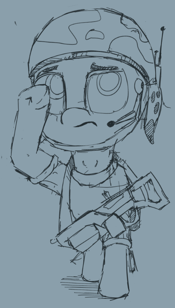 Size: 466x819 | Tagged: artist:geljado, derpibooru import, floppy ears, gun, helmet, monochrome, oc, oc:broken symmetry, safe, salute, simple background, sketch, sketch dump, solo, unofficial characters only, weapon