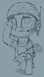 Size: 466x819 | Tagged: artist:geljado, derpibooru import, floppy ears, gun, helmet, monochrome, oc, oc:broken symmetry, safe, salute, simple background, sketch, sketch dump, solo, unofficial characters only, weapon