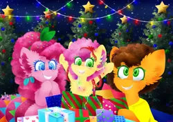 Size: 2533x1791 | Tagged: safe, artist:vanillaswirl6, derpibooru import, cheese sandwich, li'l cheese, pinkie pie, earth pony, pony, the last problem, cheesepie, christmas, christmas 2019, christmas lights, christmas tree, daughter, father, female, fluffy, holiday, jewelry, male, mother, pendant, pony present, present, ribbon, shipping, straight, tree
