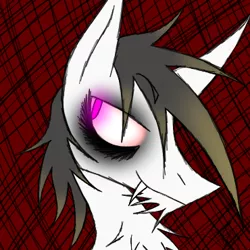Size: 370x370 | Tagged: safe, artist:didun850, derpibooru import, oc, oc:lustrum, unofficial characters only, earth pony, pony, abstract background, bags under eyes, bust, chest fluff, earth pony oc, eyeliner, glowing eyes, grin, makeup, male, smiling, solo, stallion