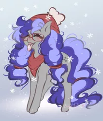 Size: 580x680 | Tagged: source needed, safe, artist:bunnywhiskerz, derpibooru import, oc, oc:cinnabyte, unofficial characters only, earth pony, pony, adorkable, bandana, beanie, blushing, cute, dork, earth pony oc, eyes closed, female, happy, hat, mare, snow, snowfall, snowflake, solo, tongue out