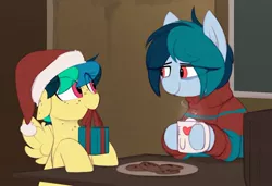 Size: 1493x1019 | Tagged: safe, artist:shinodage, derpibooru import, oc, oc:apogee, oc:delta vee, unofficial characters only, pegasus, pony, chocolate, christmas, clothes, coffee, cookie, cup, cute, diageetes, diaveetes, duo, duo female, eye clipping through hair, female, floppy ears, food, freckles, hat, hearth's warming eve, holiday, hooves on the table, hot chocolate, i <3 u, looking at each other, mare, mother and child, mother and daughter, mouth hold, ocbetes, plate, present, santa hat, smiling, spread wings, wings
