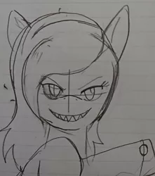 Size: 1080x1222 | Tagged: safe, artist:omegapony16, derpibooru import, oc, oc:oriponi, bat pony, pony, bat pony oc, bat wings, bust, female, grin, lineart, lined paper, mare, sharp teeth, smiling, solo, teeth, traditional art, wings