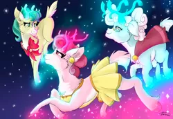 Size: 2900x2000 | Tagged: alice the reindeer, artist:batrina, aurora the reindeer, best gift ever, bori the reindeer, christmas, deer, deer magic, derpibooru import, flying, group, hearth's warming eve, holiday, magic, night, night sky, pale belly, reindeer, safe, sky, snow, the gift givers, tree, trio