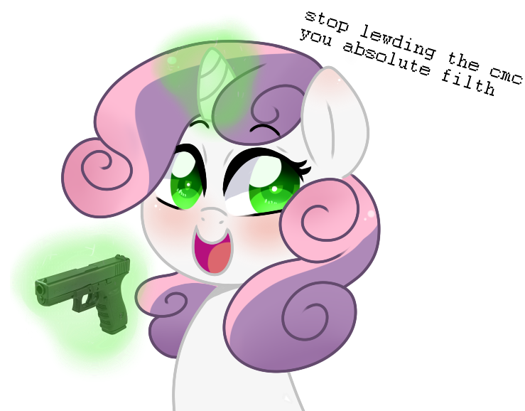 Size: 739x578 | Tagged: safe, artist:naniibanani, derpibooru import, sweetie belle, pony, unicorn, bust, cute, delet this, glock, gun, handgun, levitation, magic, pistol, simple background, solo, telekinesis, text, transparent background, vulgar, weapon