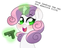 Size: 739x578 | Tagged: safe, artist:naniibanani, derpibooru import, sweetie belle, pony, unicorn, bust, cute, delet this, glock, gun, handgun, levitation, magic, pistol, simple background, solo, telekinesis, text, transparent background, vulgar, weapon