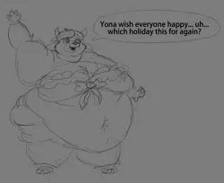 Size: 1280x1042 | Tagged: suggestive, artist:slimdym, derpibooru import, yona, anthro, yak, bbw, belly, belly button, big belly, big breasts, breasts, christmas, christmas outfit, doodle, fat, fat yona, grayscale, holiday, huge belly, huge breasts, midriff, monochrome, morbidly obese, obese, sketch, ssbbw