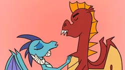 Size: 1717x966 | Tagged: artist:noidavaliable, derpibooru import, dragon, edit, emble, eyes closed, female, garble, imminent kissing, male, princess ember, safe, shipping, straight