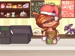 Size: 2026x1524 | Tagged: safe, artist:honeybbear, derpibooru import, oc, oc:pumpkin, nocturnal howler, pony, christmas, cookie, female, food, hat, holiday, mare, santa hat, send nudes, solo, we don't normally wear clothes
