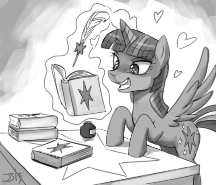 Size: 1100x943 | Tagged: safe, artist:johnjoseco, derpibooru import, twilight sparkle, twilight sparkle (alicorn), alicorn, pony, ask gaming princess luna, book, female, heart, heart eyes, inkwell, monochrome, open mouth, quill, quill pen, sketch, solo, that pony sure does love books, wingding eyes