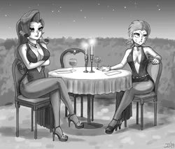 Size: 1500x1279 | Tagged: absolute cleavage, alcohol, artist:johnjoseco, ask gaming princess luna, breasts, busty rarity, candle, candlelight dinner, cleavage, clothes, cutie mark on human, derpibooru import, duo, elegant, female, gabby, glass, high heels, human, humanized, implied shipping, implied spabby, implied sparibby, implied sparity, implied straight, monochrome, pantyhose, rarity, shoes, side slit, sketch, socks, suggestive, table, thigh highs, wine, wine glass