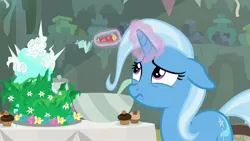 Size: 1920x1080 | Tagged: safe, derpibooru import, screencap, trixie, pony, student counsel, equinox cake, floppy ears, magic, solo