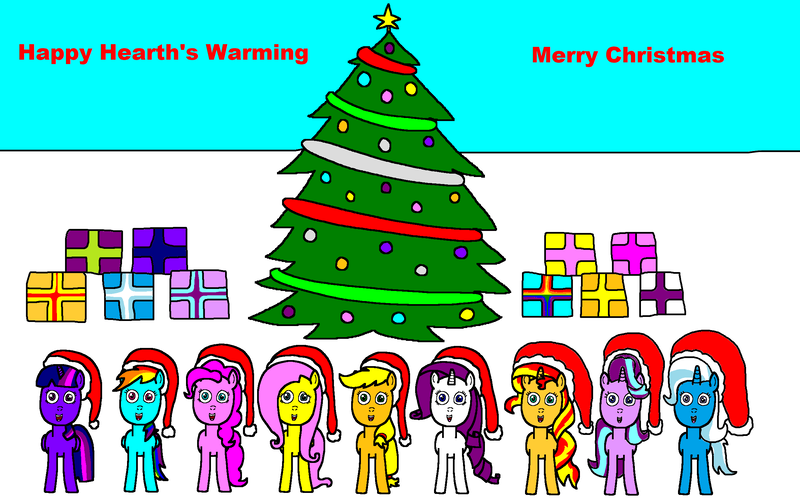 Size: 2374x1486 | Tagged: safe, artist:samueljcollins1990, derpibooru import, applejack, fluttershy, pinkie pie, rainbow dash, rarity, starlight glimmer, sunset shimmer, trixie, twilight sparkle, twilight sparkle (alicorn), alicorn, christmas, christmas presents, christmas tree, happy hearth's warming, hat, hearth's warming, holiday, mane nine, mane six, merry christmas, santa hat, tree