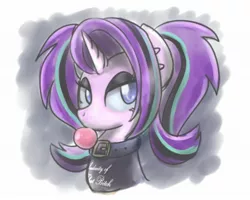 Size: 2048x1638 | Tagged: safe, artist:sugar morning, derpibooru import, starlight glimmer, pony, unicorn, alternate hairstyle, bubblegum, clothes, emo, food, goth, gum, pigtails, solo, teenage glimmer, teenager, twintails, younger