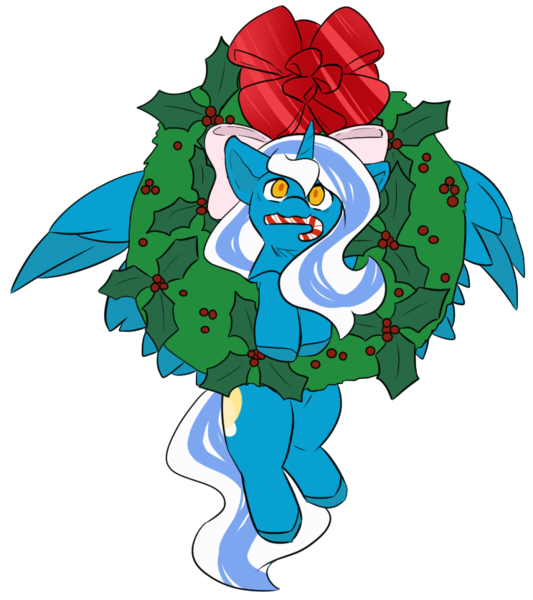 Size: 743x836 | Tagged: adorabelle, adorable face, alicorn, alicorn oc, artist:mitsuyotsukaze, bow, candy, candy cane, chibi, christmas, cute, derpibooru import, female, food, hair bow, holiday, holly, holly wreath, horn, looking at you, mare, oc, oc:fleurbelle, ribbon, safe, wings, yellow eyes, yuletide