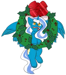 Size: 743x836 | Tagged: adorabelle, adorable face, alicorn, alicorn oc, artist:mitsuyotsukaze, bow, candy, candy cane, chibi, christmas, cute, derpibooru import, female, food, hair bow, holiday, holly, holly wreath, horn, looking at you, mare, oc, oc:fleurbelle, ribbon, safe, wings, yellow eyes, yuletide