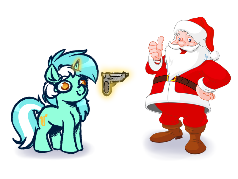 Size: 4000x3000 | Tagged: safe, artist:witchtaunter, derpibooru import, lyra heartstrings, human, pony, unicorn, christmas, duo, female, gun, happy, holiday, levitation, magic, mare, santa claus, telekinesis, u lil shid, weapon