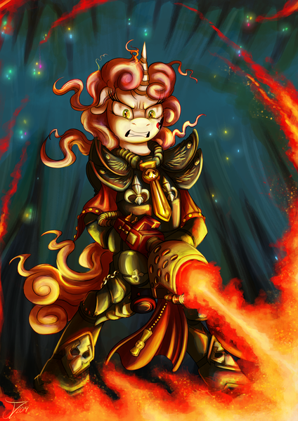 Size: 1237x1750 | Tagged: safe, artist:jamescorck, derpibooru import, sweetie belle, pony, unicorn, adepta sororitas, armor, bipedal, female, fire, flamethrower, hoof hold, mare, older, power armor, solo, warhammer (game), warhammer 40k, weapon