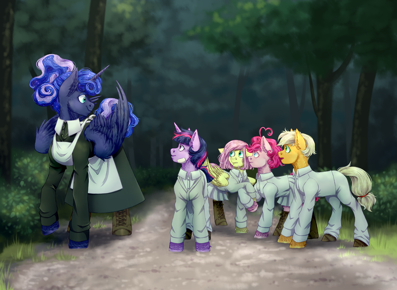 Size: 4000x2921 | Tagged: safe, artist:djkaskan, derpibooru import, applejack, fluttershy, pinkie pie, princess luna, twilight sparkle, alicorn, earth pony, pegasus, pony, unicorn, anime, crossover, female, filly, forest, redraw, the promised neverland