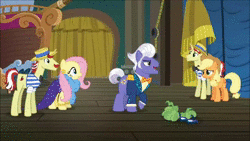 Size: 1280x720 | Tagged: safe, derpibooru import, screencap, applejack, flam, flim, fluttershy, gladmane, earth pony, pegasus, pony, unicorn, viva las pegasus, animated, clothes, dress, female, flim flam brothers, frown, impossibly rich, laughing, male, mare, nose in the air, sad, sound, stallion, webm