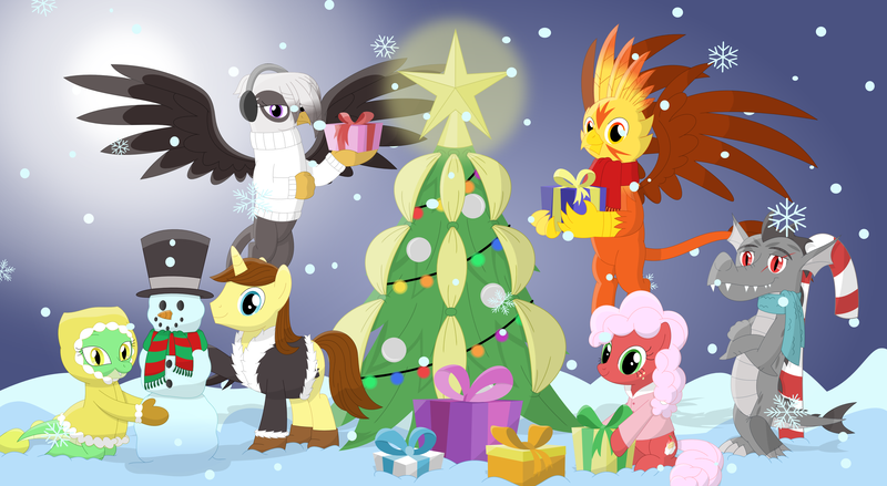 Size: 3531x1937 | Tagged: safe, artist:porygon2z, derpibooru import, oc, oc:blaze, oc:draco axel, oc:hocus pocus, oc:jade, oc:raiza, oc:strawberry fluffcake, unofficial characters only, dragon, gryphon, pony, unicorn, candy, candy cane, christmas, christmas tree, clothes, earmuffs, food, holiday, present, scarf, snow, snowman, tree, winter