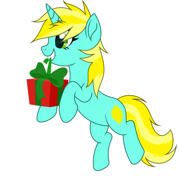 Size: 3000x2936 | Tagged: safe, artist:alfury, artist:starshade, derpibooru import, oc, oc:lemondime, pony, unicorn, 2020 community collab, derpibooru community collaboration, base used, christmas, female, holiday, merry christmas, png, present, simple background, solo, transparent background, yellow mane