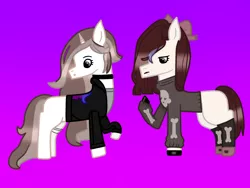 Size: 2048x1536 | Tagged: safe, artist:lightningbolt39, derpibooru import, oc, oc:cut crease, oc:goth mocha, unofficial characters only, earth pony, blank flank, bow, choker, clothes, female, flats, gradient background, hair bow, jacket, leather jacket, lesbian, lipstick, mare, oc x oc, open mouth, raised hoof, shipping, shirt, shoes, socks, stockings, sweater, thigh highs, t-shirt