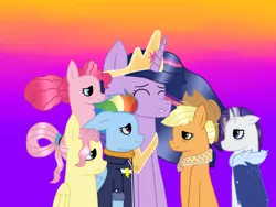 Size: 4160x3120 | Tagged: safe, artist:lightningbolt39, derpibooru import, applejack, fluttershy, pinkie pie, princess twilight 2.0, rainbow dash, rarity, twilight sparkle, twilight sparkle (alicorn), alicorn, earth pony, pegasus, pony, unicorn, the last problem, alternate hairstyle, applejack's hat, clothes, coat, cowboy hat, crown, end of ponies, eyes closed, female, freckles, gradient background, hat, jewelry, mane six, mare, older, older applejack, older fluttershy, older mane six, older pinkie pie, older rainbow dash, older rarity, older twilight, regalia, shirt
