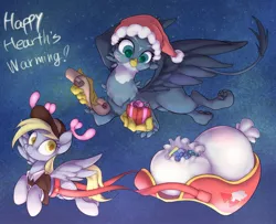 Size: 2633x2137 | Tagged: safe, artist:noupu, derpibooru import, derpy hooves, gabby, gryphon, pegasus, pony, christmas, duo, female, flying, hat, hearth's warming, holiday, image, jpeg, mailmare, mare, present, quadrupedal, santa hat, scroll