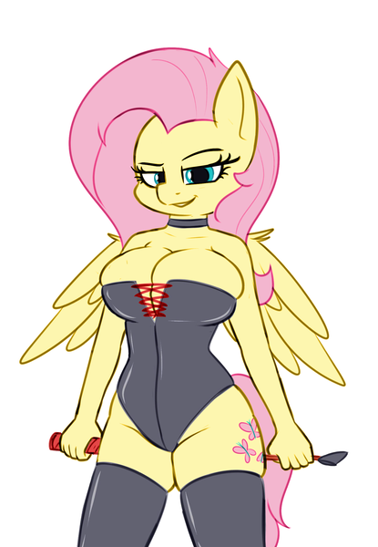 Size: 1620x2344 | Tagged: suggestive, artist:andelai, artist:princemars, color edit, derpibooru import, edit, editor:princemars, fluttershy, anthro, bat pony, pegasus, big breasts, breast overpour, breasts, busty fluttershy, choker, cleavage, clothes, colored, dominatrix, female, flutterbat, flutterdom, leotard, race swap, riding crop, simple background, smiling, smirk, socks, solo, solo female, thigh highs, tight clothing