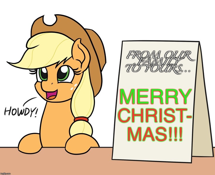 Size: 1100x900 | Tagged: applejack, applejack's sign, caption, christmas, derpibooru import, edit, editor:useraccount, holiday, howdy, image macro, merry christmas, safe, smiling, text