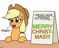 Size: 1100x900 | Tagged: applejack, applejack's sign, caption, christmas, derpibooru import, edit, editor:useraccount, holiday, howdy, image macro, merry christmas, safe, smiling, text