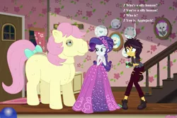 Size: 1053x702 | Tagged: safe, derpibooru import, edit, edited screencap, screencap, applejack, fluttershy, posey, rarity, sunset shimmer, wooyoo, pony, costume conundrum, costume conundrum: applejack, equestria girls, equestria girls series, spoiler:eqg series (season 2), bow, bulk biceps' home, cropped, fake fangs, g1, g1 to g4, generation leap, horse costume, photo, quadsuit, ripped pants, seven songs and a story, silly, silly pony, song reference, tail bow, vampire shimmer, who's a silly pony