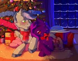 Size: 3145x2457 | Tagged: safe, artist:hakkids2, derpibooru import, oc, oc:tihan, oc:zuthal, unofficial characters only, monster pony, original species, tatzlpony, unicorn, blushing, bow, christmas, christmas lights, christmas presents, christmas tree, clothes, cuddling, happy, holiday, lying down, night, oc x oc, open mouth, scarf, shipping, snow, tinsel, tree, unshorn fetlocks, zuhan