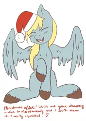 Size: 2480x3508 | Tagged: artist:ardilya, blushing, christmas, colourful, cute, derpibooru import, derpy hooves, digital art, hat, holiday, offer, safe, santa hat, sitting, smiling, solo, text